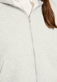 Helle graue Zip-Hoodie mit glatter Textur, einer Kängurutasche und einem silbernen Reißverschluss sowie Kapuze. Der Stoff wirkt weich und lässig.