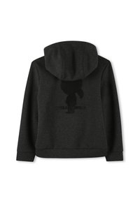 Donkergrijze hoodie met een tonal graphic op de achterkant met de tekst "KARL LAGERFELD", ribgebreide mouwen en onderrand. Zachte stoffen structuur.