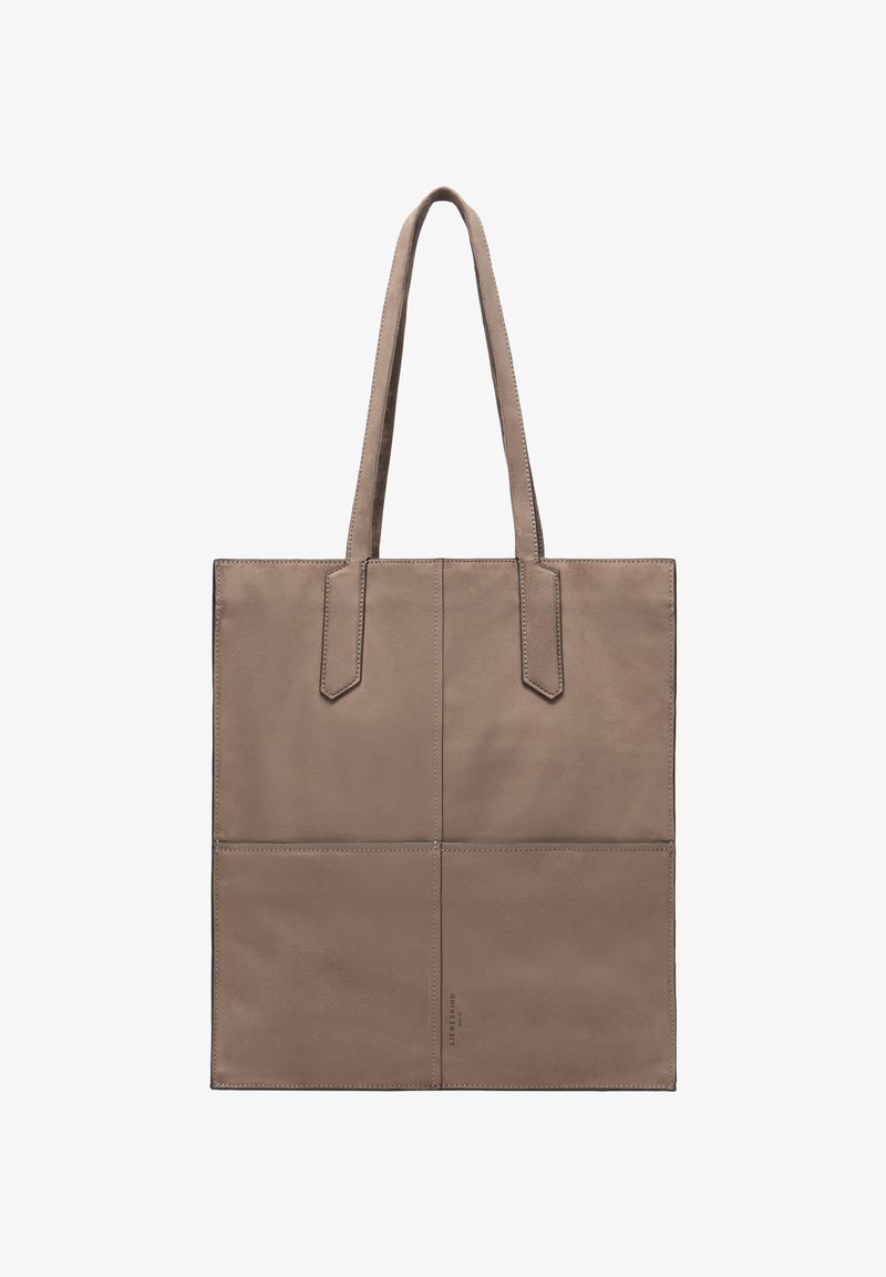 Leren tote bag in een gedempt taupe kleur, met een eenvoudige rechthoekige vorm, dubbele handvatten en een gladde textuur met minimale stiksel.