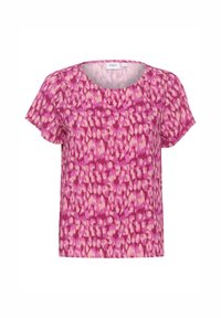 Kortærmet top i forskellige nuancer af pink med et legende, abstrakt print. Letvægtsstof og en rund halsudskæring øger komforten.