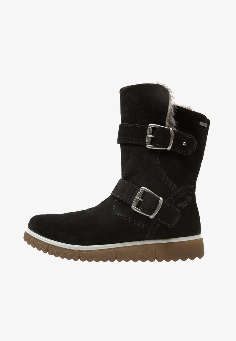 Botte d’hiver noire en suède mi-mollet avec deux boucles métalliques réglables, doublure en fourrure en haut et une semelle épaisse en caoutchouc marron.