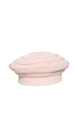 Light pink knitted beret with textured horizontal patterns and ribbed band, designed to fit snugly around the head.