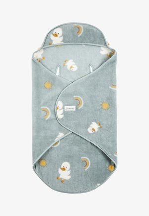 Soft, light blue fleece baby wrap featuring duck and rainbow patterns, rounded shape, and side openings for arms.