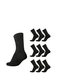Schwarze Baumwollsocken mit einem gerippten Bund und glatter Textur, wobei ein Socke prominent vorne und acht dahinter präsentiert werden.