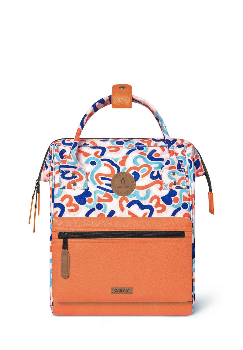 Backpack with a colorful abstract pattern in blue, orange, and white. Features an orange textured front pocket and a sturdy handle.