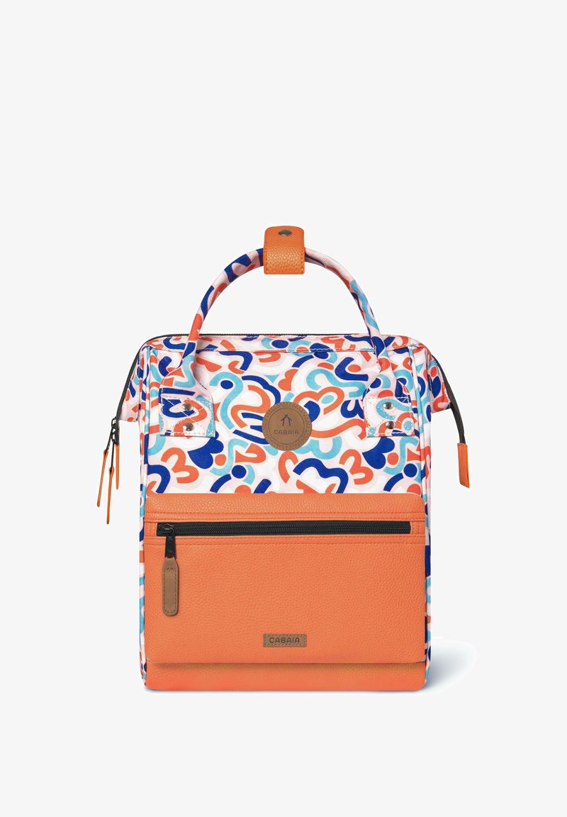 Backpack with a colorful abstract pattern in blue, orange, and white. Features an orange textured front pocket and a sturdy handle.
