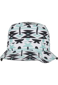Bucket-Hut in Weiß mit türkisen und schwarzen geometrischen Mustern, ausgestattet mit einem breiten Rand und weichem Stoff für Komfort und Sonnenschutz.