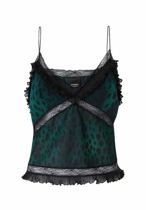 Bežični zeleni satenski-top s crnim točkicama, čipkastim rubovima i čipkastim naborima. Dizajn s U-izrezom i podesivim trakama.