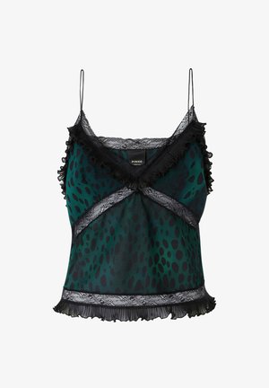 Top sans manches en satin vert avec un motif à taches noires, des finitions en dentelle et des bords froncés. Design en V avec bretelles ajustables.