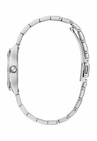 Orologio da polso argentato con cassa tonda, ghiera decorata e bracciale a maglie. Texture liscia, finitura lucida e chiusura a scatto.