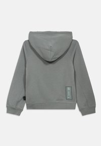 Gray hooded sweatshirt with long sleeves, ribbed cuffs and hem, and a small rectangular logo patch near the waist on the back.