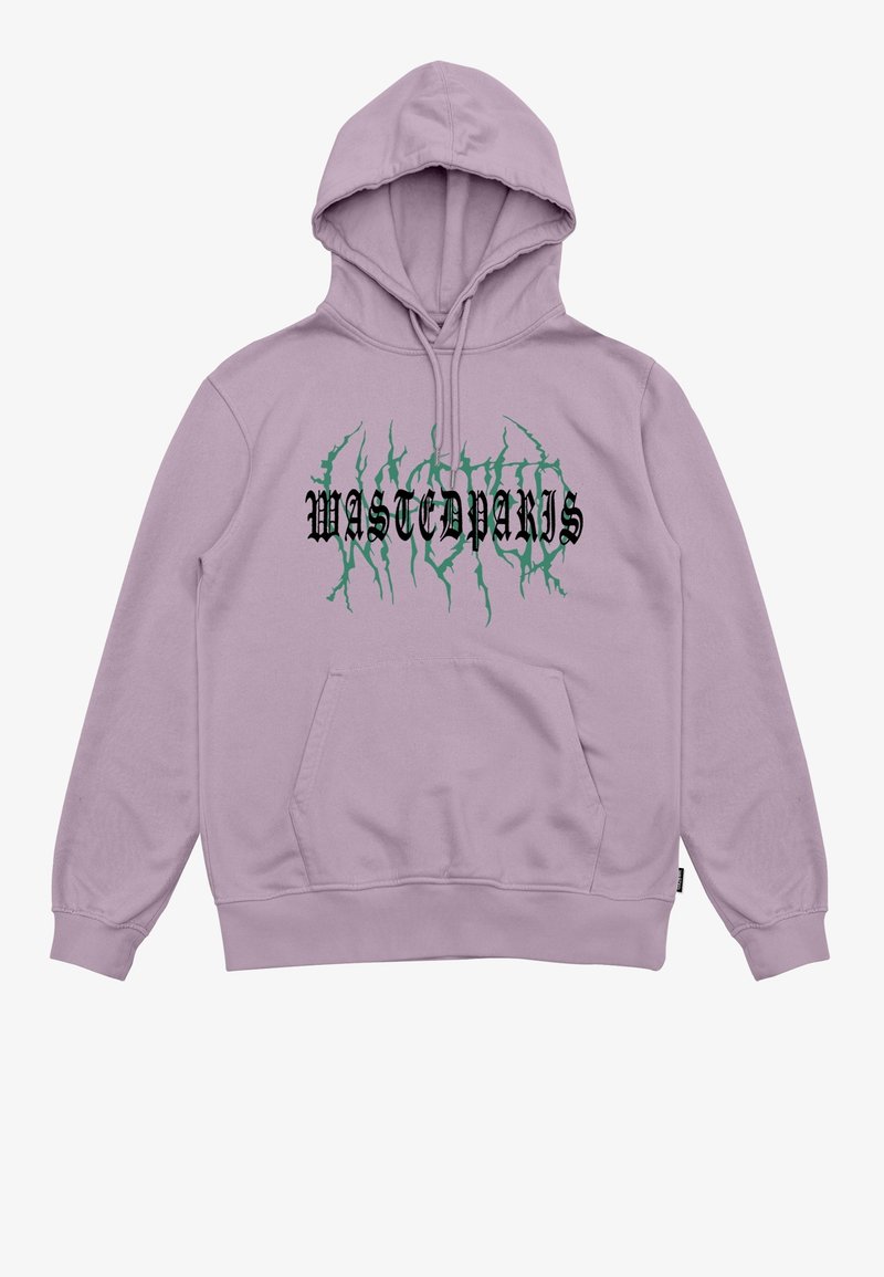 Lavendelkleurige pullover hoodie van zachte stof met een kangoeroezak. Heeft zwarte en groene tekst "WASTEDPARIS" en een klauwachtig ontwerp.