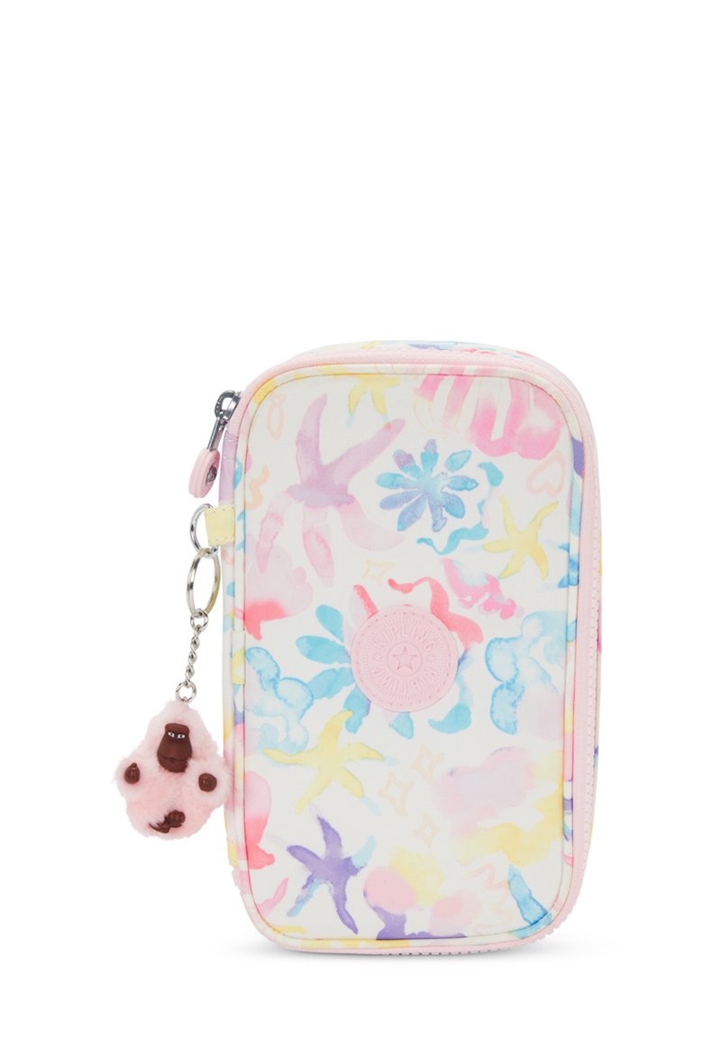 Zippered pouch with a white fabric featuring a colorful floral and abstract pattern. Includes a pink furry charm attached to the zipper.