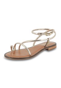 Metallic gold flat sandal with thin straps, a circular toe loop, and adjustable ankle buckle. Features a brown leather insole and minimal heel.