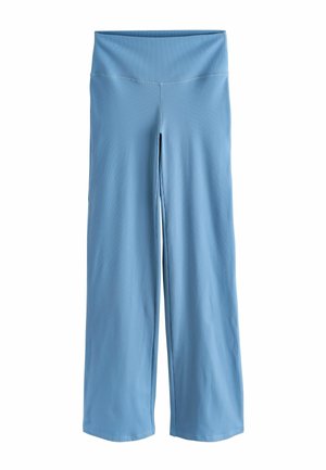 Hellblaue, weit geschnittene Hose mit hohem, geripptem Bund und subtiler vertikaler Rippstruktur, flach auf weißem Hintergrund gezeigt.