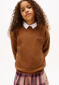 Felpa marrone con una camicia bianca sotto, dotata di un piccolo logo. Abbinata a una gonna a quadri nei toni del rosa e del beige.