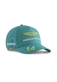 Gorra de Fórmula Uno Aston Martin en color teal, con un emblema amarillo, el número "14" y acentos de diseño perforado en la corona.