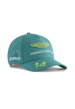Aston Martin Formel 1-kasket i teal, med et gult emblem, nummeret "14" og perforerede design-accenter på krone.