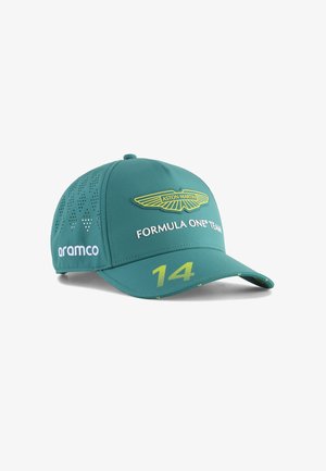 Aston Martin Formel 1-kasket i teal, med et gult emblem, nummeret "14" og perforerede design-accenter på krone.