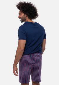 Marineblauwe katoenen t-shirt met korte mouwen, gecombineerd met rood-wit gestreepte korte broek, gezien van achteren.