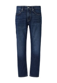 Donkerblauwe denim jeans met een rechte pijpdesign, subtiele vervaging op de bovenbenen, met traditionele klinknagelhardware op de zakken.