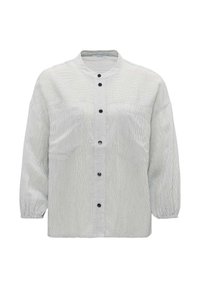 Striped button-up shirt with a round collar, two front pockets, balloon sleeves, and black buttons. Material has a textured finish.