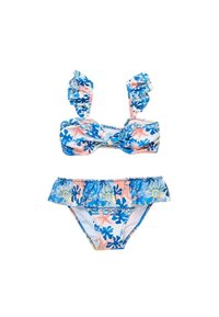 Costume da bagno a due pezzi con motivo floreale blu, rosa e giallo. Il top ha spalline arricciate e il fondo ha una vita arricciata.