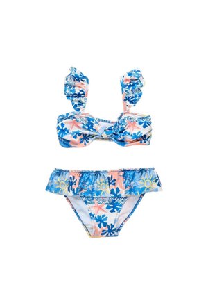 Costume da bagno a due pezzi con motivo floreale blu, rosa e giallo. Il top ha spalline arricciate e il fondo ha una vita arricciata.