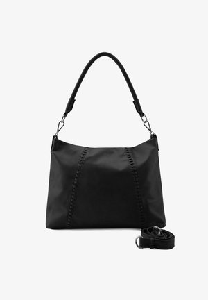 Schwarze Lederhandtasche mit einem geschwungenen Griff und abnehmbarem Schulterriemen. Verfügt über dekorative Nähte an der Vorderseite. Glatte Textur.