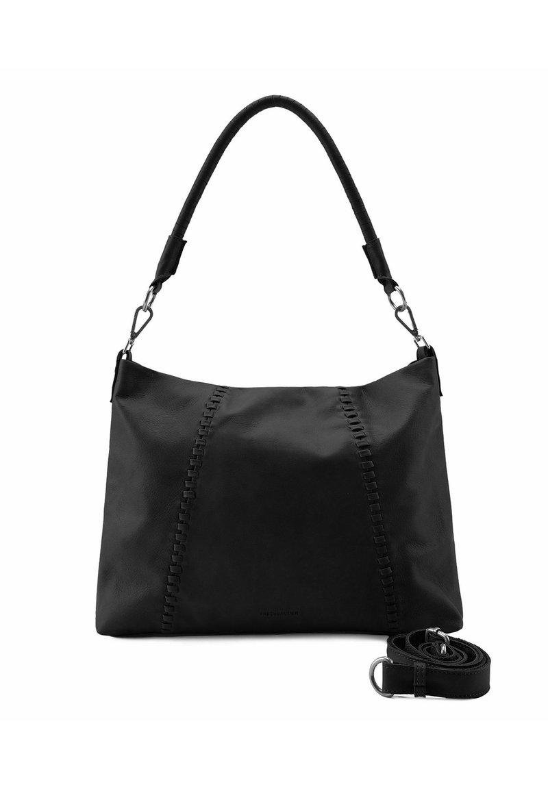 Borsa a tracolla nera in pelle con manico curvato e tracolla staccabile. Presenta cuciture decorative sulla parte frontale. Texture liscia.