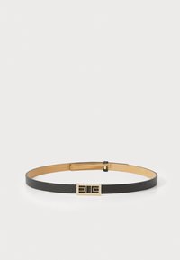 Black leather belt with a textured finish, featuring a gold-tone rectangular buckle with a black insert and rhinestone accents.