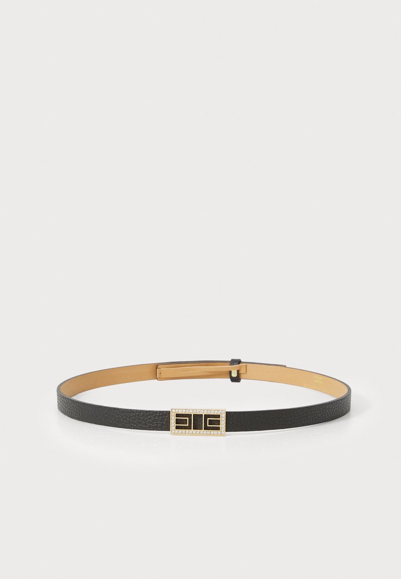 Black leather belt with a textured finish, featuring a gold-tone rectangular buckle with a black insert and rhinestone accents.