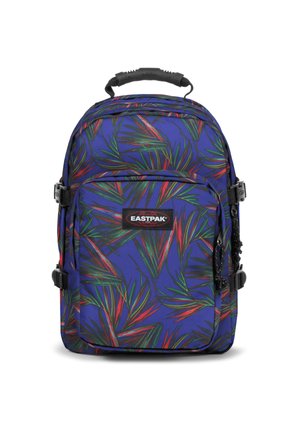 Backpack with a blue background featuring a colorful leaf pattern in green and red. Includes a top handle and adjustable straps.