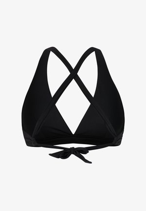 Zwarte bikinibovenstuk met gekruiste bandjes en een strik aan de voorkant, ontworpen voor een verstelbare pasvorm en ondersteuning.