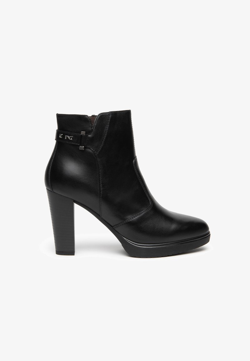 Black leather high-heeled ankle boot with a side zipper, rounded toe, and decorative strap near the top cuff.