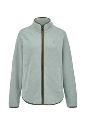 Hellgraue Fleecejacke mit durchgehendem Frontreißverschluss, Stehkragen, Seitentaschen und dunklen Besätzen entlang der Kanten und des Reißverschlusses.