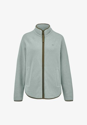 Hellgraue Fleecejacke mit durchgehendem Frontreißverschluss, Stehkragen, Seitentaschen und dunklen Besätzen entlang der Kanten und des Reißverschlusses.