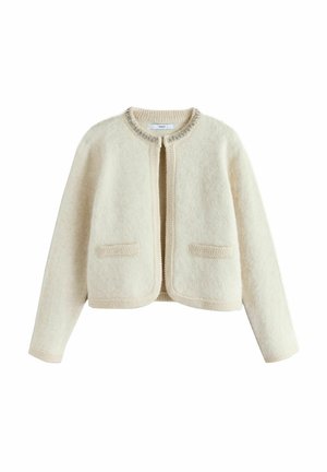 Cardigan din lână ivorie cu guler rotund, deschis în față, două buzunare frontale și detalii tricotate elaborate pe de-a lungul gulerului și marginilor.