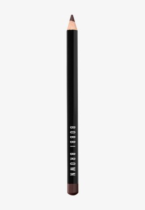 Bobbi Brown lip pencil, black cylindrical body with white text, pointed tip in dark brown shade, smooth texture, standard pencil length.