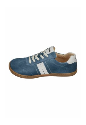 Blue suede sneaker with white laces, white side stripes, tan sole, and white heel collar, shown in side profile facing left.