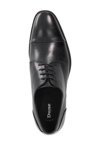 Black leather dress shoe with a sleek, narrow shape, featuring a smooth finish, lace-up closure, and a wide fit. Inside label reads "Dune Flexi."