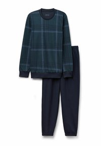 Tweedelig loungewearset met een donkergroene geruite lange mouwtop met elastische manchetten en marineblauwe elastische broek met enkelmanchetten.