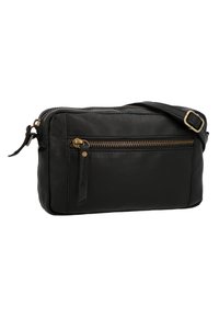 Borsa a tracolla in pelle nera con zip in tonalità oro, forma rettangolare, tasca frontale con zip e tracolla regolabile. Finitura texture.