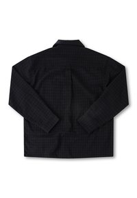 Black long-sleeve shirt with a checkered pattern, featuring a classic collar and straight-cut design. Textured fabric with a relaxed silhouette.