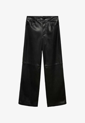 Svart fusk läderbyxor med vida ben, framknappstängning, två sidofickor och kontrasterande texturerade paneler på underbenen.