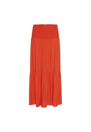 Červená maxi sukně s nařaseným pasem, patrovaným designem a splývavým materiálem. Hladký povrch a živá barva po celé ploše.