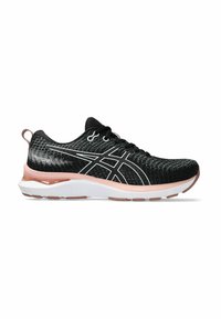 Black athletic shoes with a textured knit upper, white accents, and a pink midsole. Features a cushioned sole and reinforced heel tab.