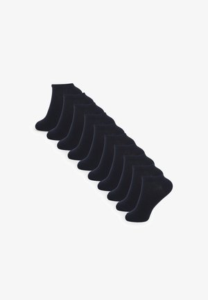 Zestaw dziesięciu skarpetek kostkowych w jednolitym ciemnogranatowym kolorze, wykonanych z miękkiego, elastycznego materiału, z prążkowanym ściągaczem i gładką teksturą.