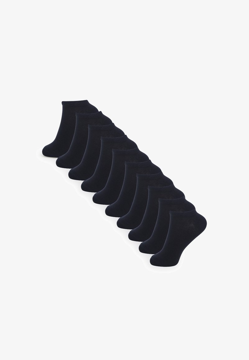 Confezione di dieci calzini alla caviglia in un solido blu navy scuro, realizzati in materiale morbido ed elastico, con un bordo a coste e una texture liscia.