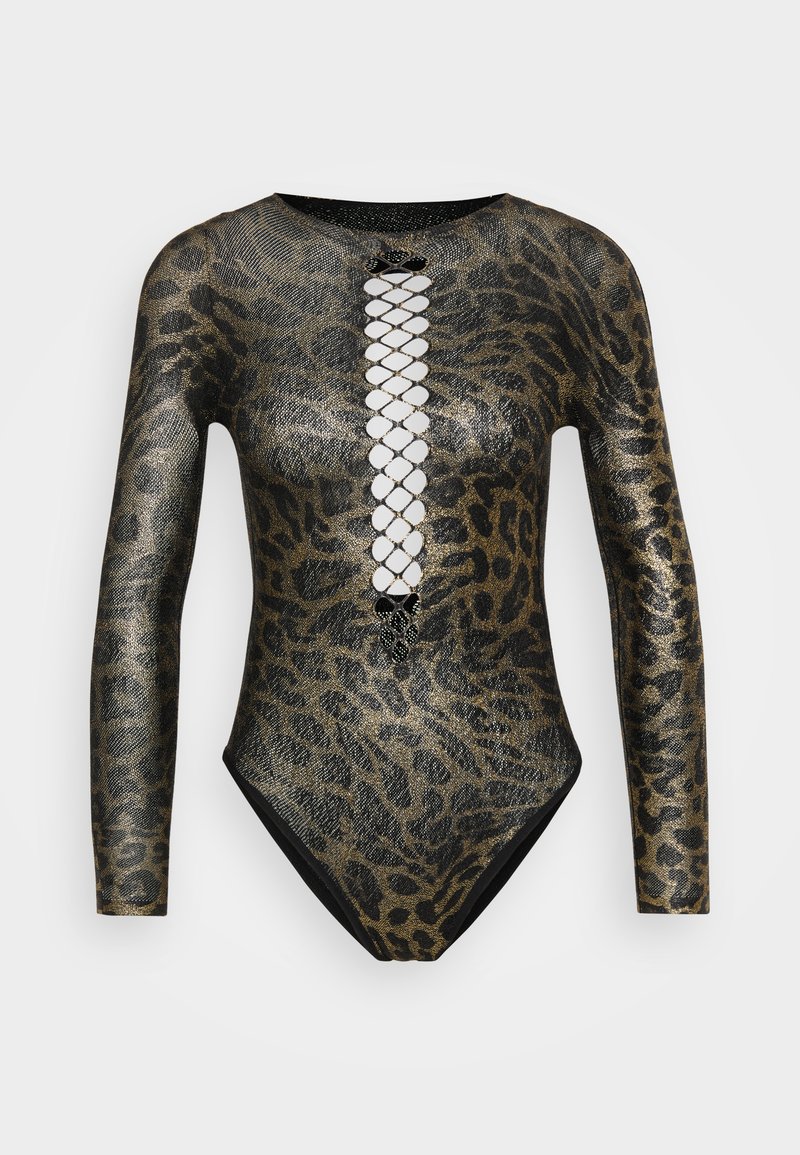 Långärmad bodysuit i leopardmönstrad tyg med metalliska guldaccent, med en framställning av galler och svart täckning på botten.